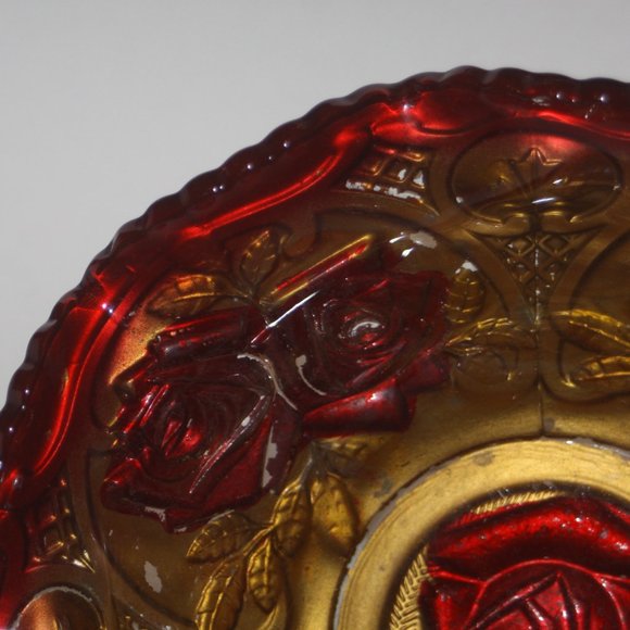 1890-1920 Antique Goofus Glass Bowl Cabbage Rose Red Gold Ruffled Edge Large - Picture 3 of 4
